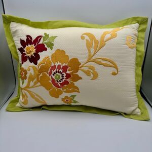 EMBROIDERED Floral Rectangular 17.5X13 Pillow w/Green Trim Tropical Garden